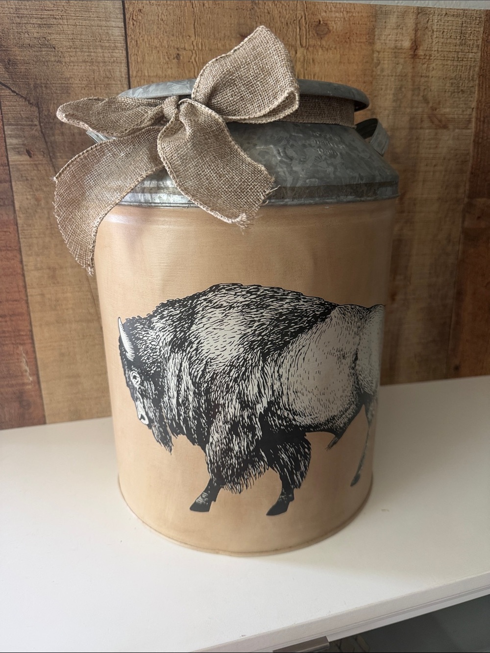 Rustic Buffalo Galvanized Metal Faux Milk Can with Burlap Bow - Tan & Black